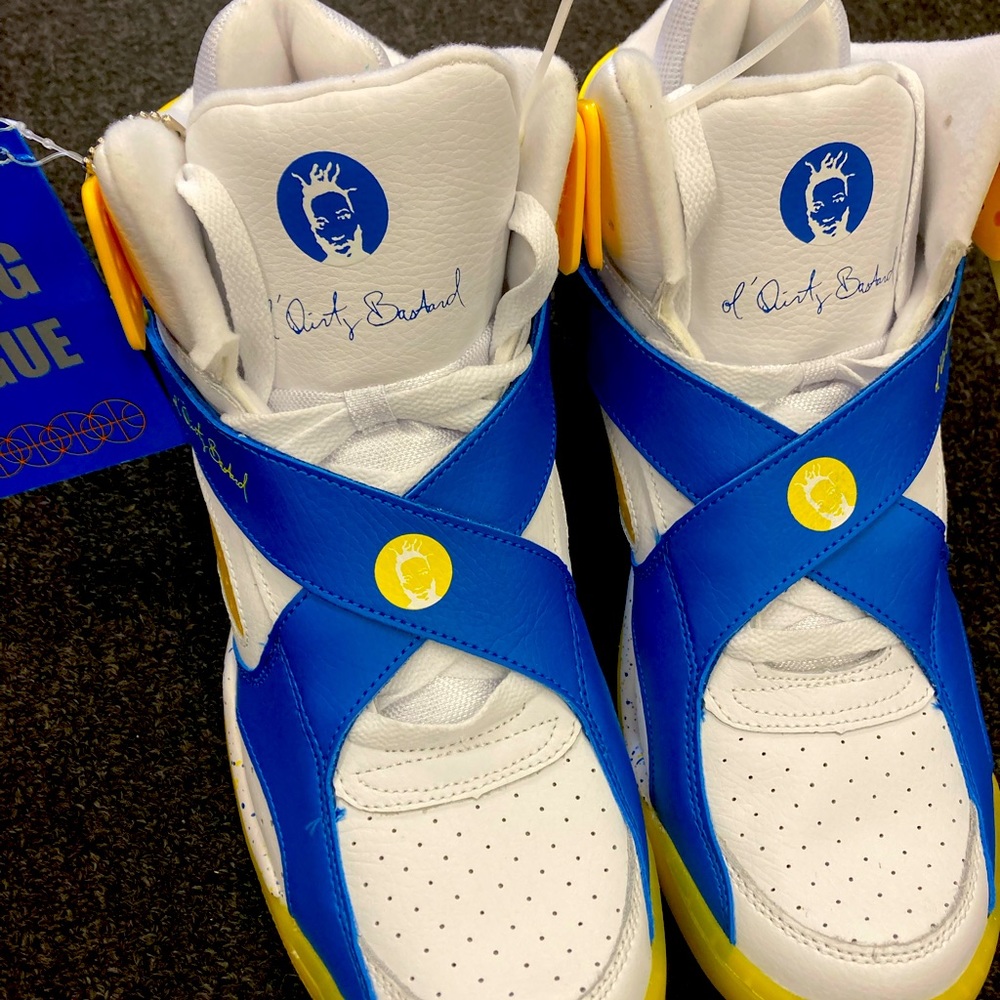 Patrick Ewing x Ol’ Dirty Bastard white, yellow, & royal blue high top shoes